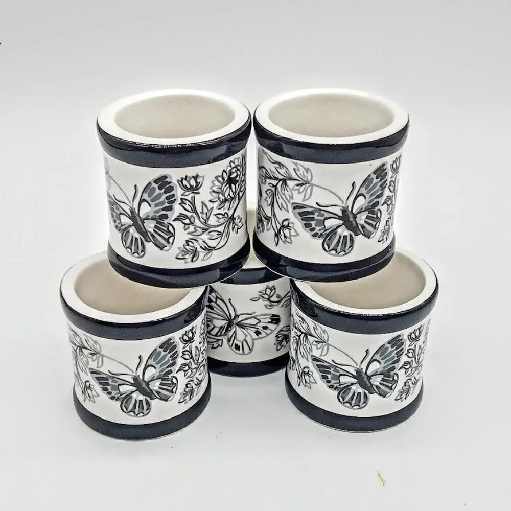 Set of 5 Black White Butterfly Porcelain Napkin Rings